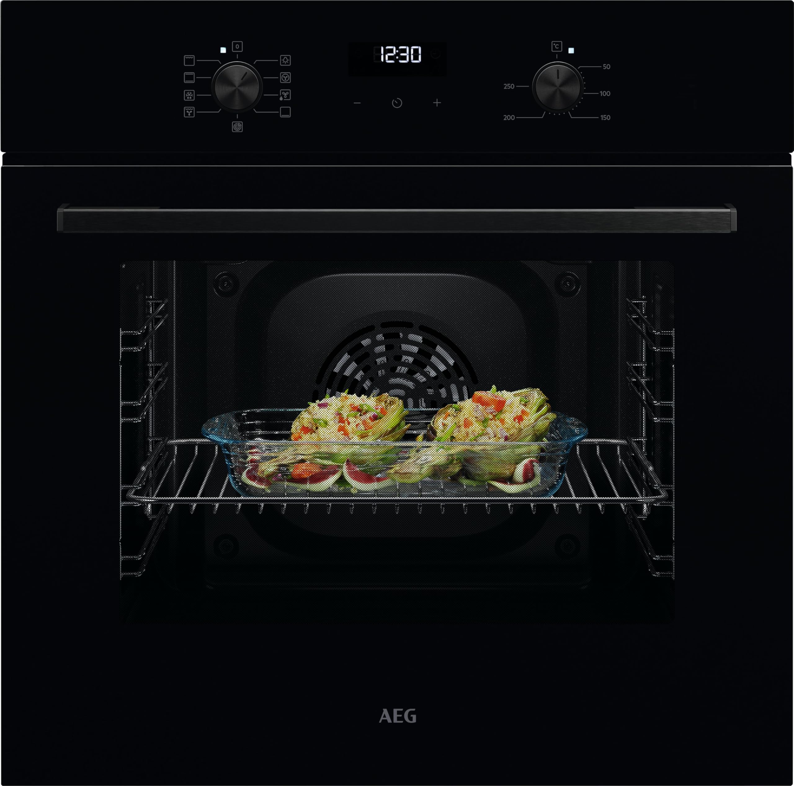 AEG 3000 Series Surroundcook Integrated Oven BEX335011B, 72L Multilevel Cooking, Turbo Grill, Defrost, Led Display, XL Baking Tray, Aqua Clean, Built-in Oven 590x560x550mm, Class A+++ Black