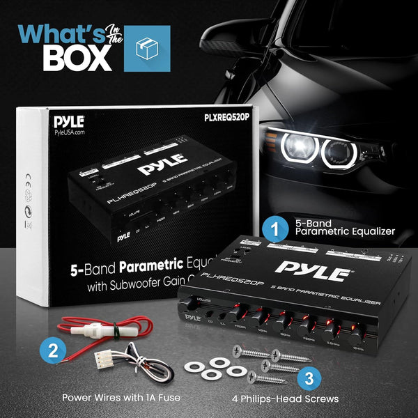 Pyle Car Audio Equalizer, Half-DIN 5-Band Parametric Equalizer with Subwoofer Gain Control, RCA AUX Input, Preamp Outputs, Fader, Adjustable Frequency, LED Illumination, 12V Trigger (7” x 4” x 1”)