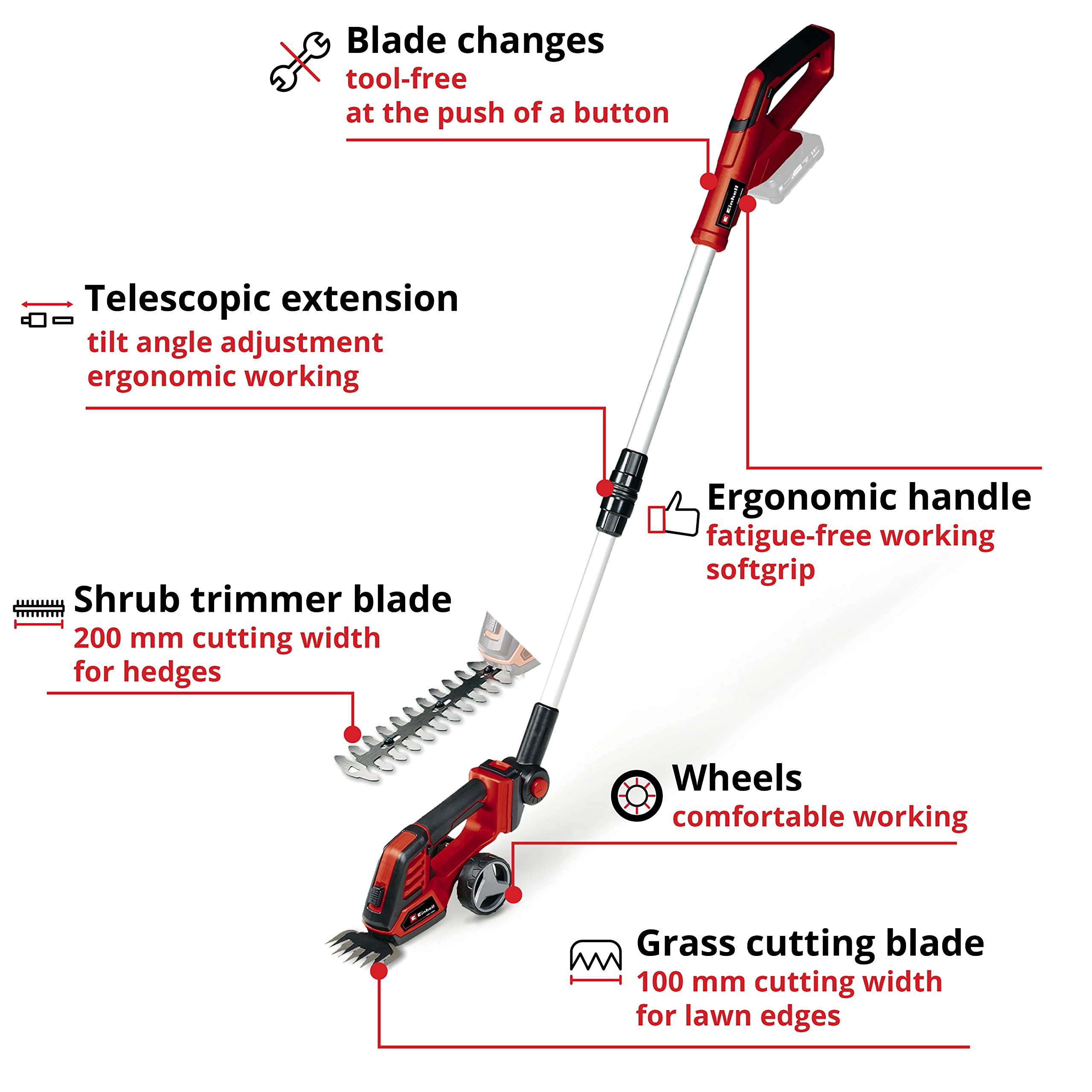 Einhell Power X-Change 18V Cordless Electric Shears With Telescopic Handle - Easy Change 2 Blade System For Cutting Grass, Brushes And Shrubs - GE-CG
