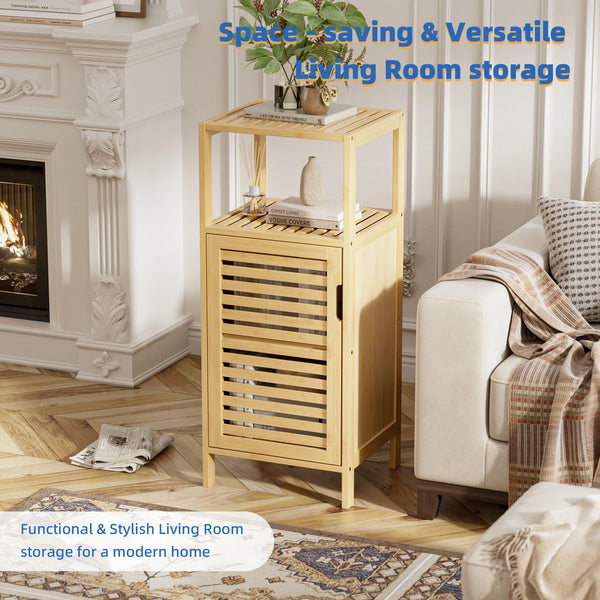 HITNET Bathroom Cabinet Freestanding, Small Bamboo Floor Cabinet, Sofa Side Table Storage Organizer, Space Saving Kitchen Cupboard for Bedroom Living