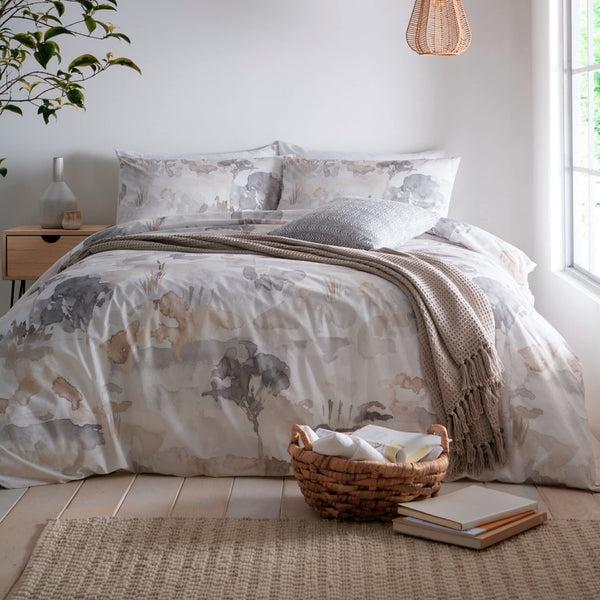 Appletree - Linen Landscape Duvet Cover - Single Bedding Size (140 x 200cm) - Soft 100% Cotton - 1 Pillowcase - Watercolour Art Bedding in Natural -