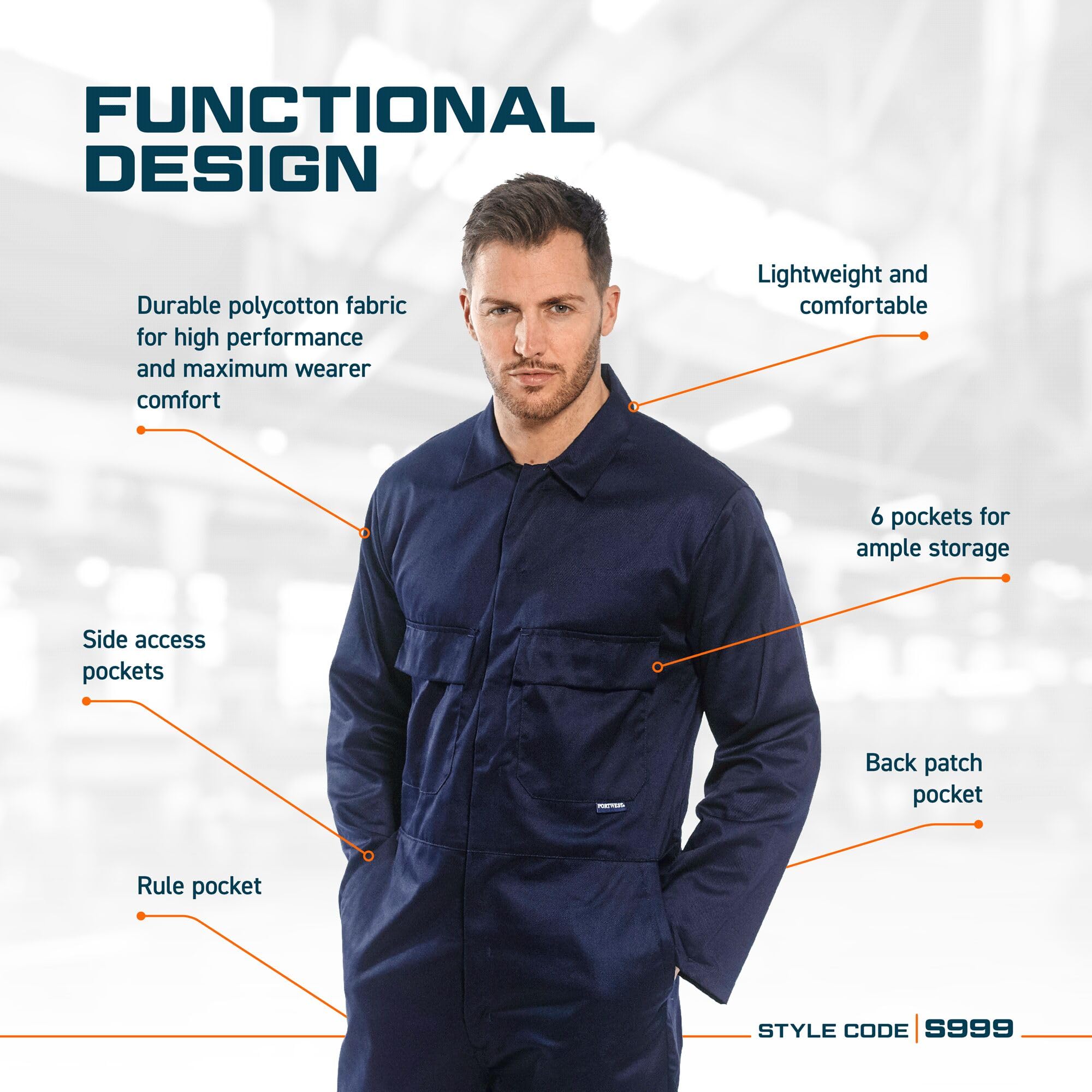 Portwest S999 Men's Work Coveralls - Protective Polycotton Work Overalls Durable Workwear Boiler Suit for Mechanics Warehouse Garages DIY Navy, X-Large