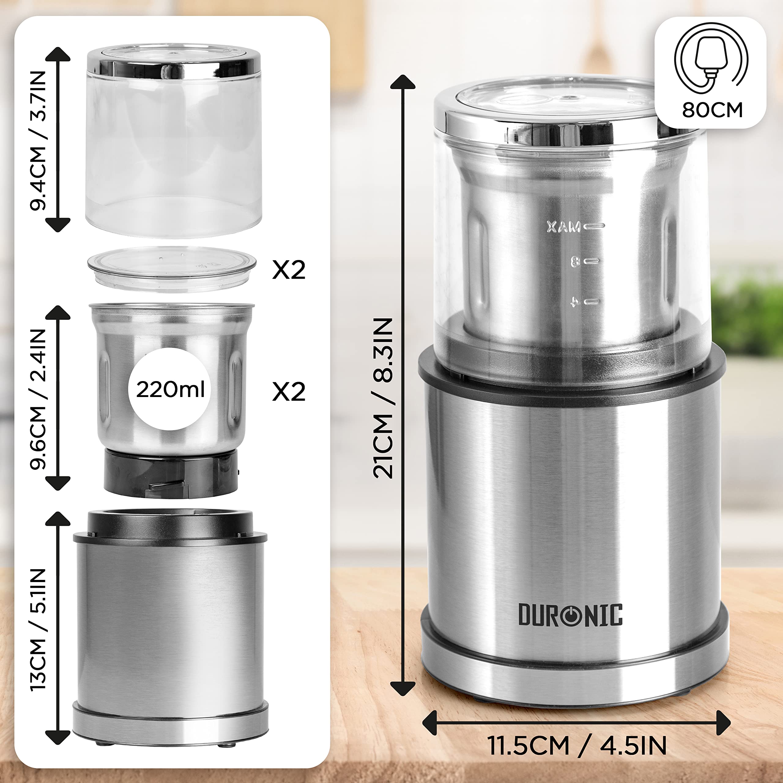 Duronic Electric Blade Coffee Grinder CG421, 2 in 1 Spice Grinder Kitchen Machine, Wet & Dry Grinding Mini Mill Hopper, 75g/220ml, 200W, 2X Stainless