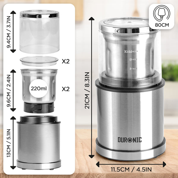 Duronic Electric Blade Coffee Grinder CG421, 2 in 1 Spice Grinder Kitchen Machine, Wet & Dry Grinding Mini Mill Hopper, 75g/220ml, 200W, 2X Stainless