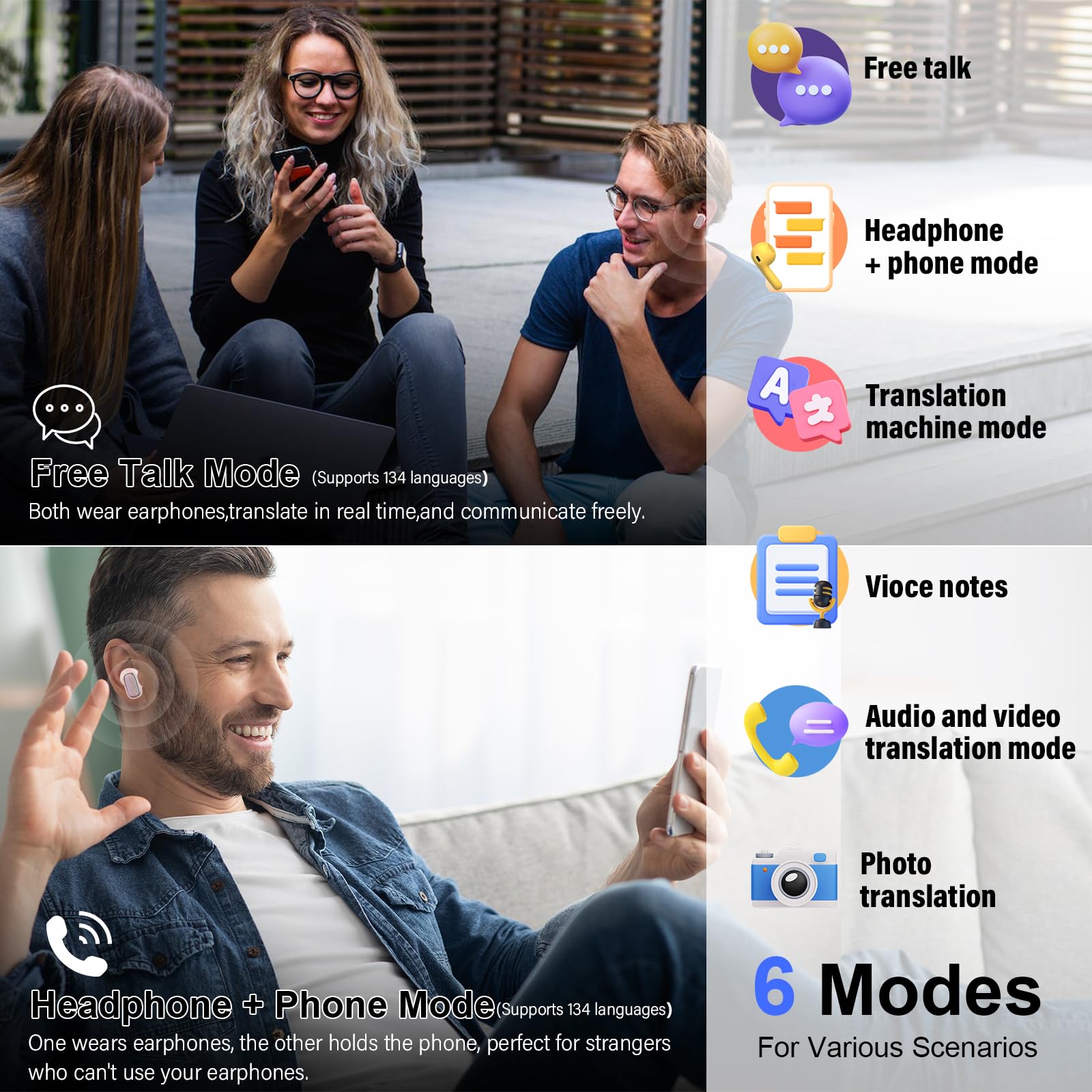 AI Language Translation Earbuds, 3-in-1 Bluetooth 5.4 Translator Headphones with 164 Real Time Languages, 40H Ear Buds with Mic and AI APP, 7 Translation Modes Ideal for Business Learning, Black