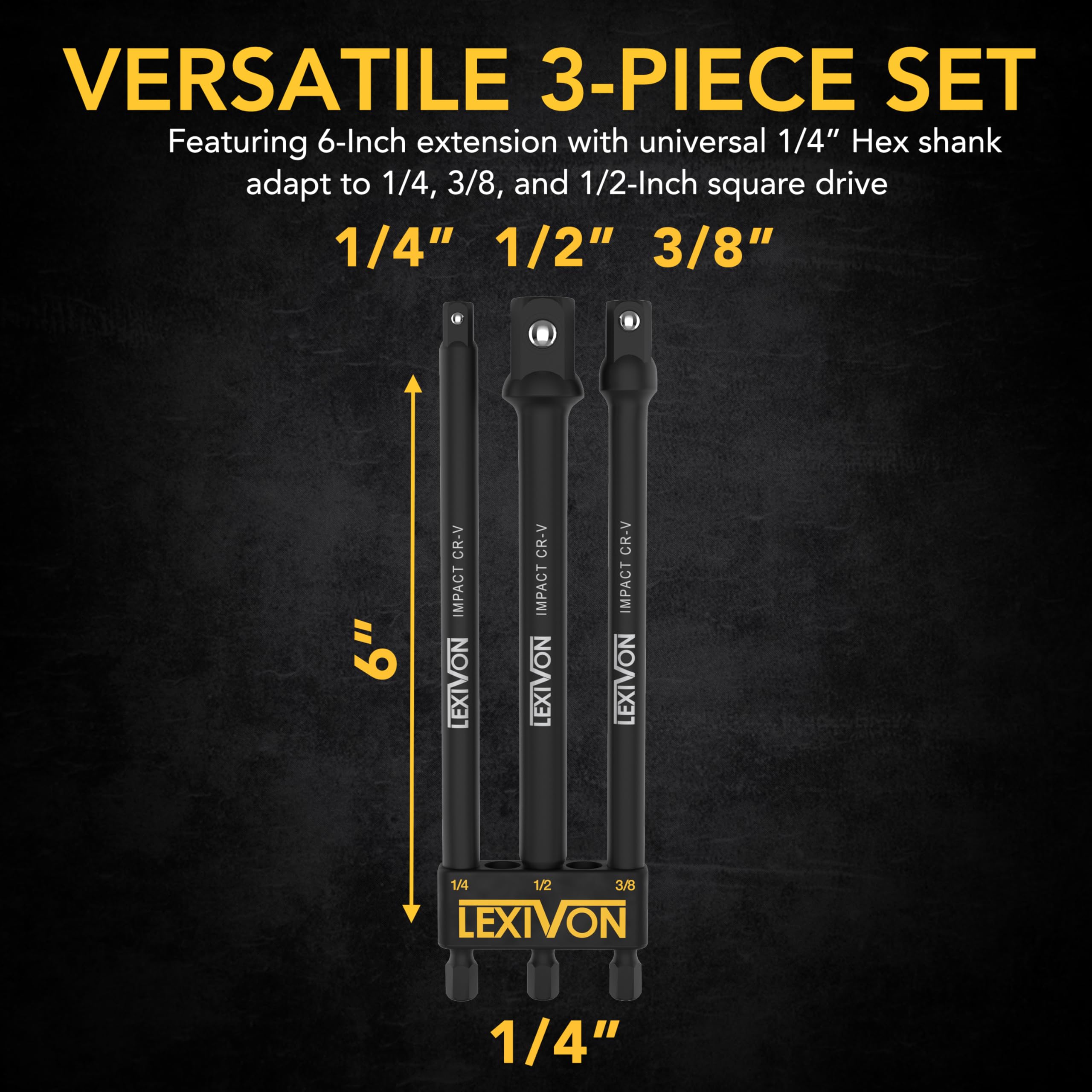 LEXIVON Impact Grade Socket Adapter Set, 3" Extension Bit with Holder | 3-Piece 1/4", 3/8", and 1/2" Drive, Adapt Your Power Drill to High Torque Impact Wrench (LX-101)