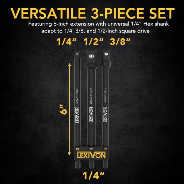 LEXIVON Impact Grade Socket Adapter Set, 3" Extension Bit with Holder | 3-Piece 1/4", 3/8", and 1/2" Drive, Adapt Your Power Drill to High Torque Impact Wrench (LX-101)