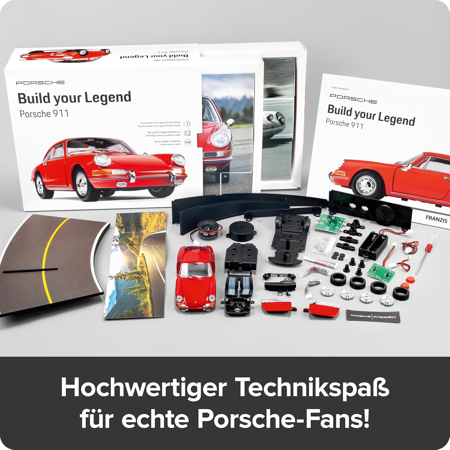 Franzis 67247 - Porsche 911 - Build Your Legend - detailgetreuer Modellbausatz inkl. Soundmodul, LED-Beleuchtung, Begleitbuch