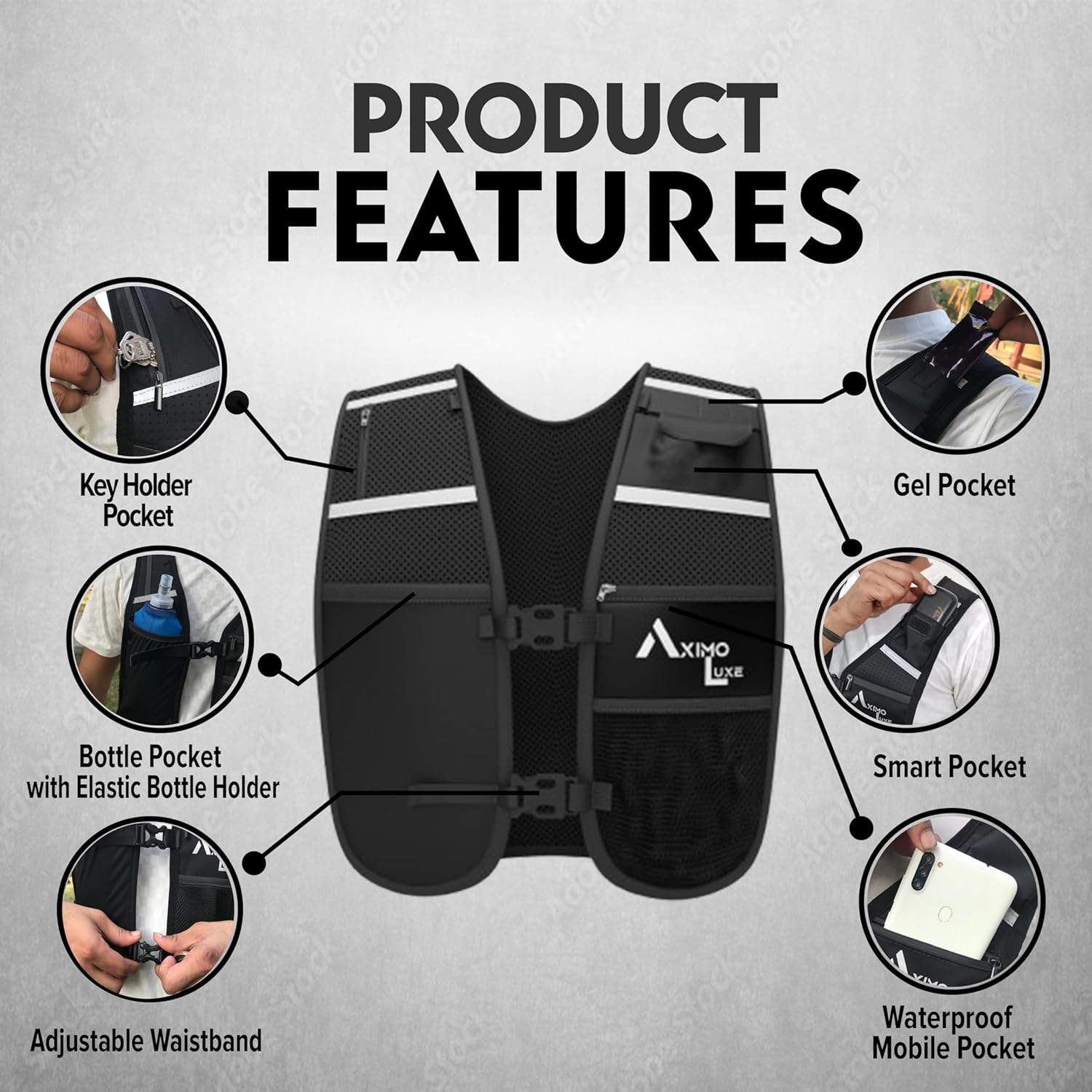 AxLuxe LED Running Vest Women & Men Now with 2 Saftey Lights,7 Pockets Running Vest with Water Bottle (500ml),Running Phone Holder Vest