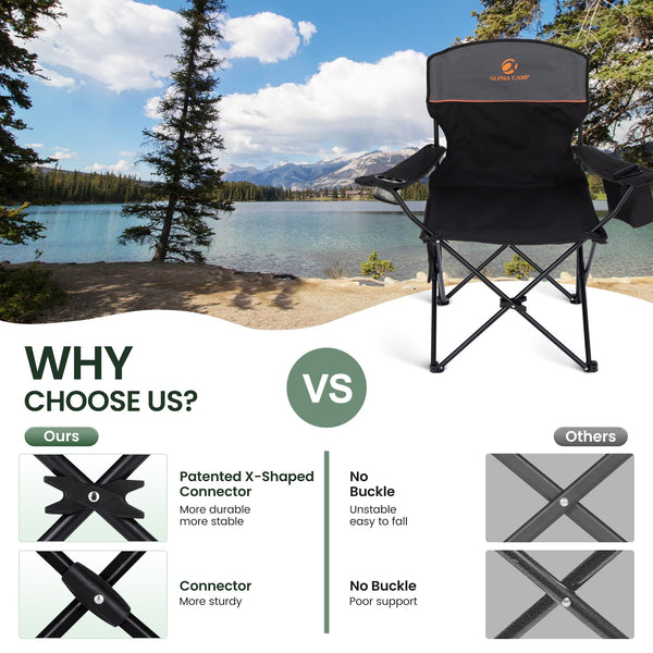 ALPHA CAMP Set of 2 Folding Camping Chairs with Cooler Bag & Cup Holder & Side Pocket Up to 120kg, Lightweight and Portable Camping Chair for Adults, Black