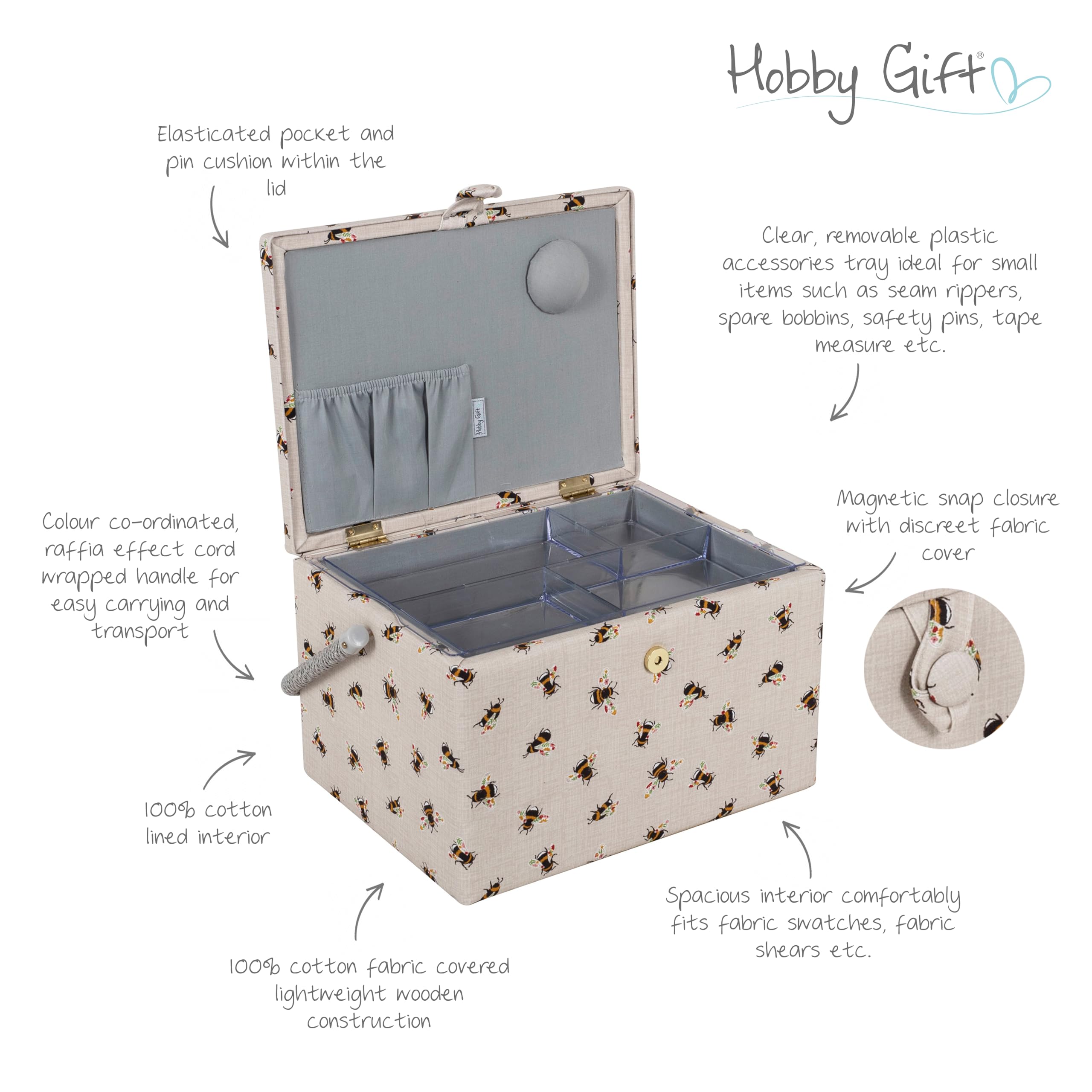 Hobby Gift Exclusive Large Sewing Craft Hobby Storage Box, Accessories Tray Pin Cushion Pocket PVC Handle 23.5 x 31 x 20cm, Bees