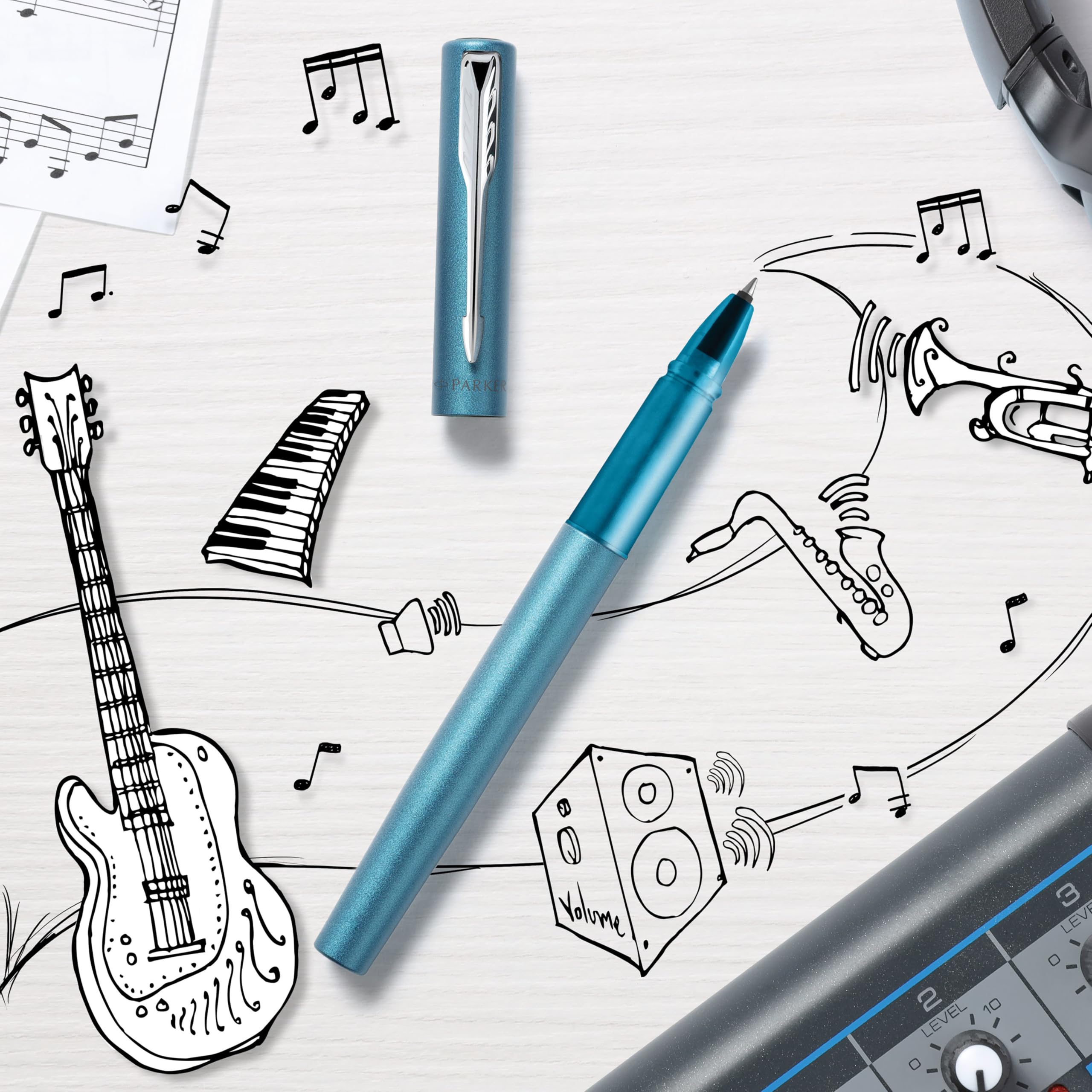 Parker Vector Fountain Pen | Black with Chrome Trim | Medium Nib | Blue Ink | Hangtab