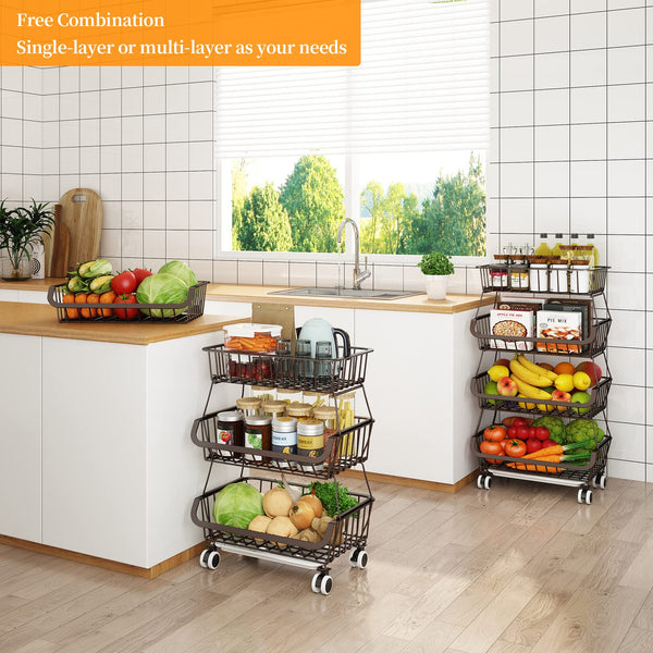 Fruit Vegetable Storage Basket for Kitchen - 4 tier Stackable Metal Wire Baskets Cart with Rolling Wheels Utility Fruits Rack Produce Snack Organizer