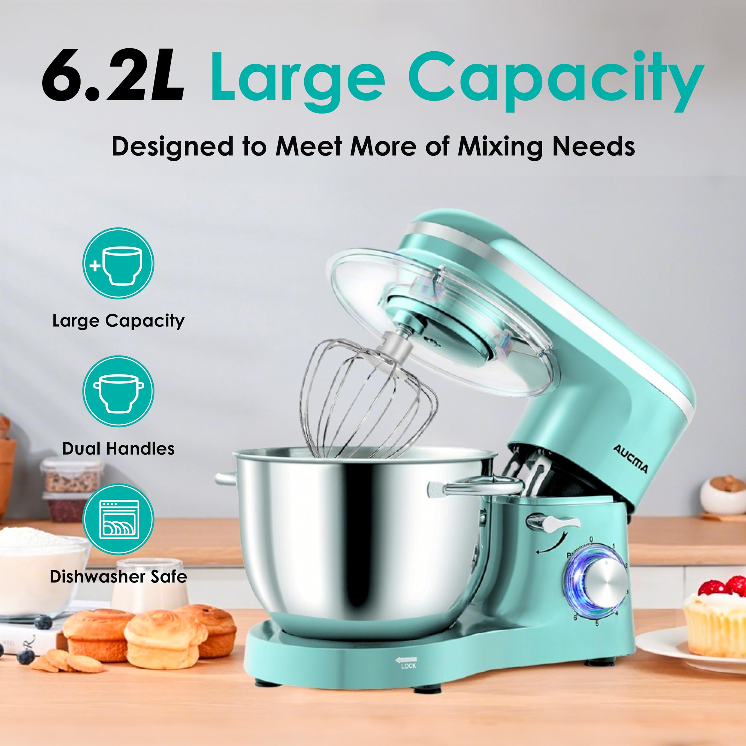 Aucma Stand Mixer, 6.2L Food Mixers for Baking, Electric Kitchen Mixers with Bowl, Dough Hook, Wire Whip & Beater (6.2L, Black)