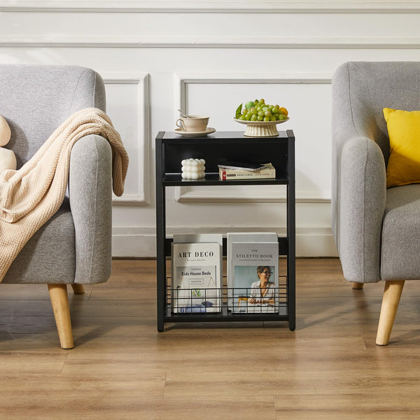 IBUYKE Narrow Side Table with Storage Shelf, 3 Tier End Table,Modern Sofa Table,Small Nightstand with Magazine Rack,Telephone Table for Small