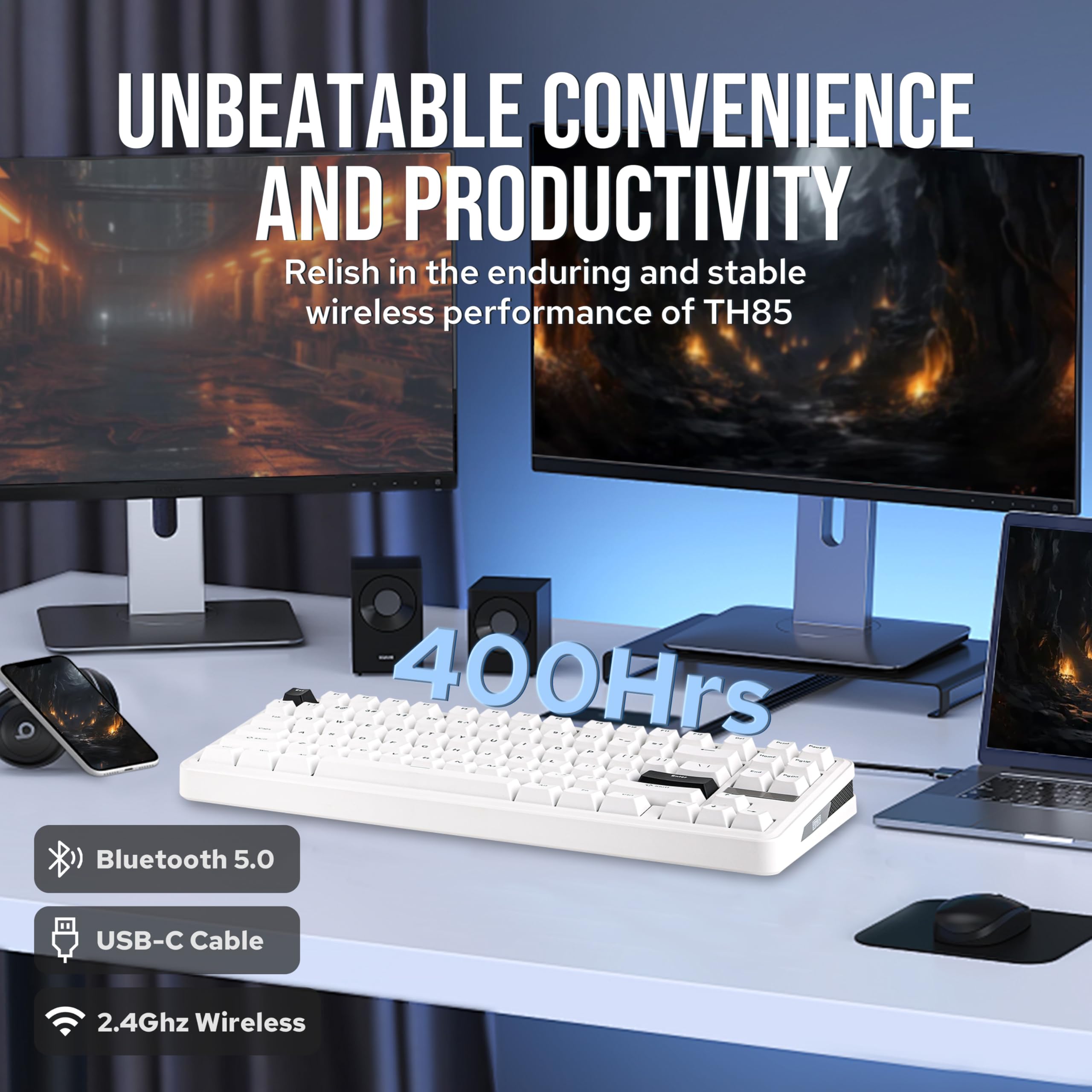 EPOMAKER TH85 QMK/VIA Mechanical Gaming Keyboard, BT/2.4Ghz Wireless, RGB, Hot-Swappable & Programmable Keys in US 75% Layout (Black&White, Creamy Jade Switch)