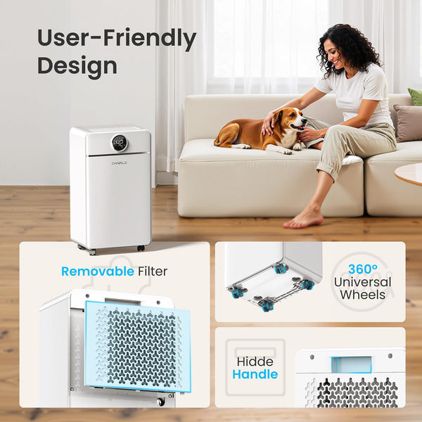 CHIVALZ 12L/24H Dehumidifiers for Home, Bedroom & Bathroom with 3 Modes, LED Display and 24H Timer, Interior Dehumidifier with Automatic Defrosting, 2L Water Tank & Drainage Hose (White, 1Pack)