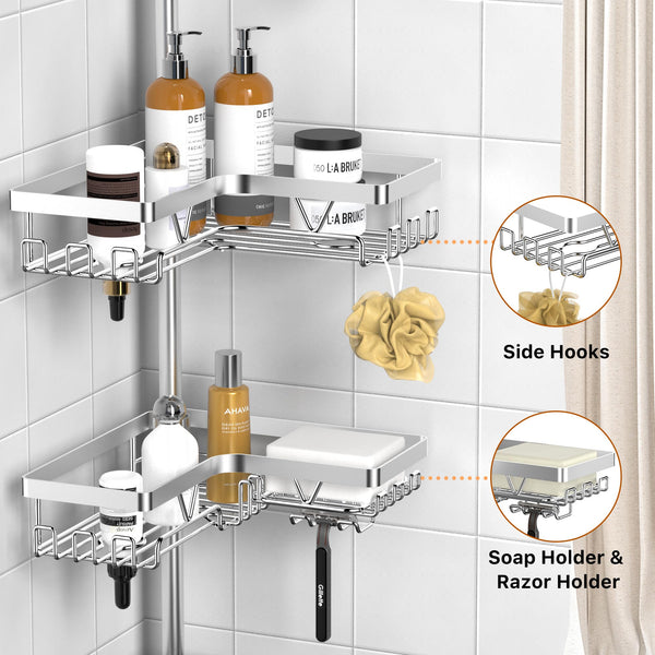 Kegii Telescopic Shower Caddy Corner - Stainless Steel Shower Shelf No Drilling Bathroom Caddy with Soap Holder and Hooks(White), On The Bath or Stand Up Shower
