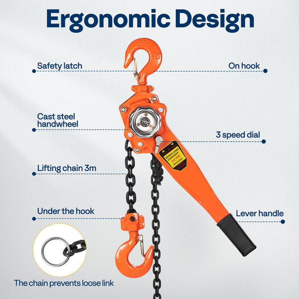 SPECSTAR Hand Chain Hoist 1250kg Capacity 3m with 2 Heavy Duty Hooks Manual Chain Fall for Warehouse Building Automotive Machinery
