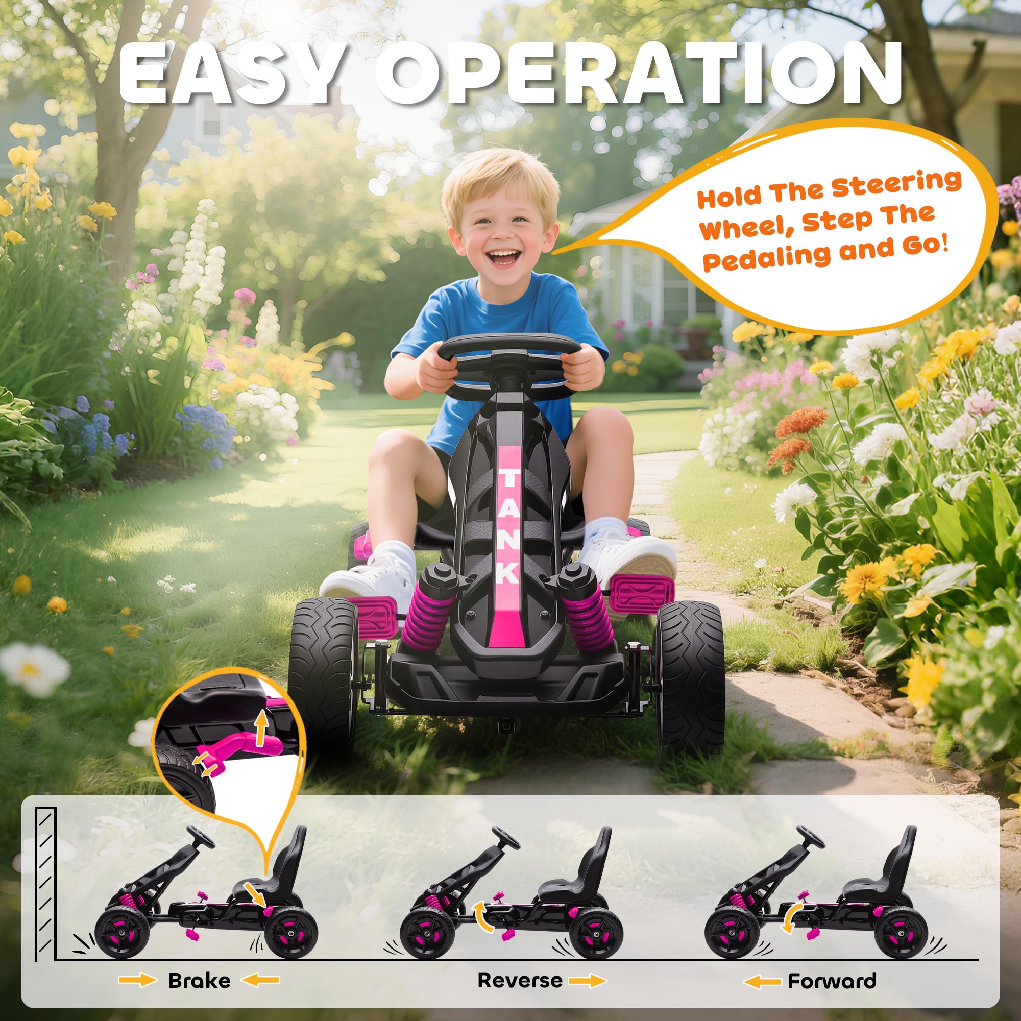 AIYAPLAY Pedal Go Kart, Ride on Racer with Freewheel System, Brake, Non-Slip EVA Wheels, Metal Frame, Go Kart for Kids Ages 3-6 Years, Pink