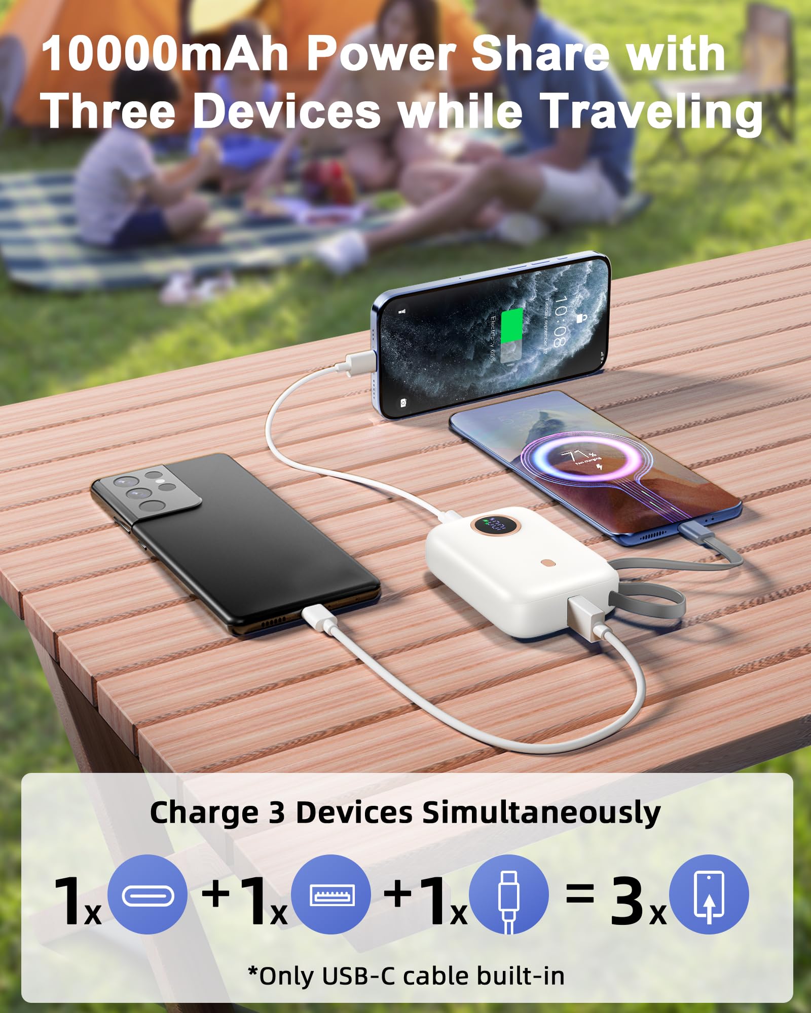 Power Bank Fast Charging 10000 mAh, 22.5W PD QC3.0 High-Speed Portable Charger, PowerBank With Built In Cable USB C, Pocket-Sized Battery Pack for iPhone 16/15, Samsung S23/S24 and More (Jet Black)