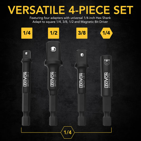 LEXIVON Impact Grade Socket Adapter Set, 3" Extension Bit with Holder | 3-Piece 1/4", 3/8", and 1/2" Drive, Adapt Your Power Drill to High Torque Impact Wrench (LX-101)