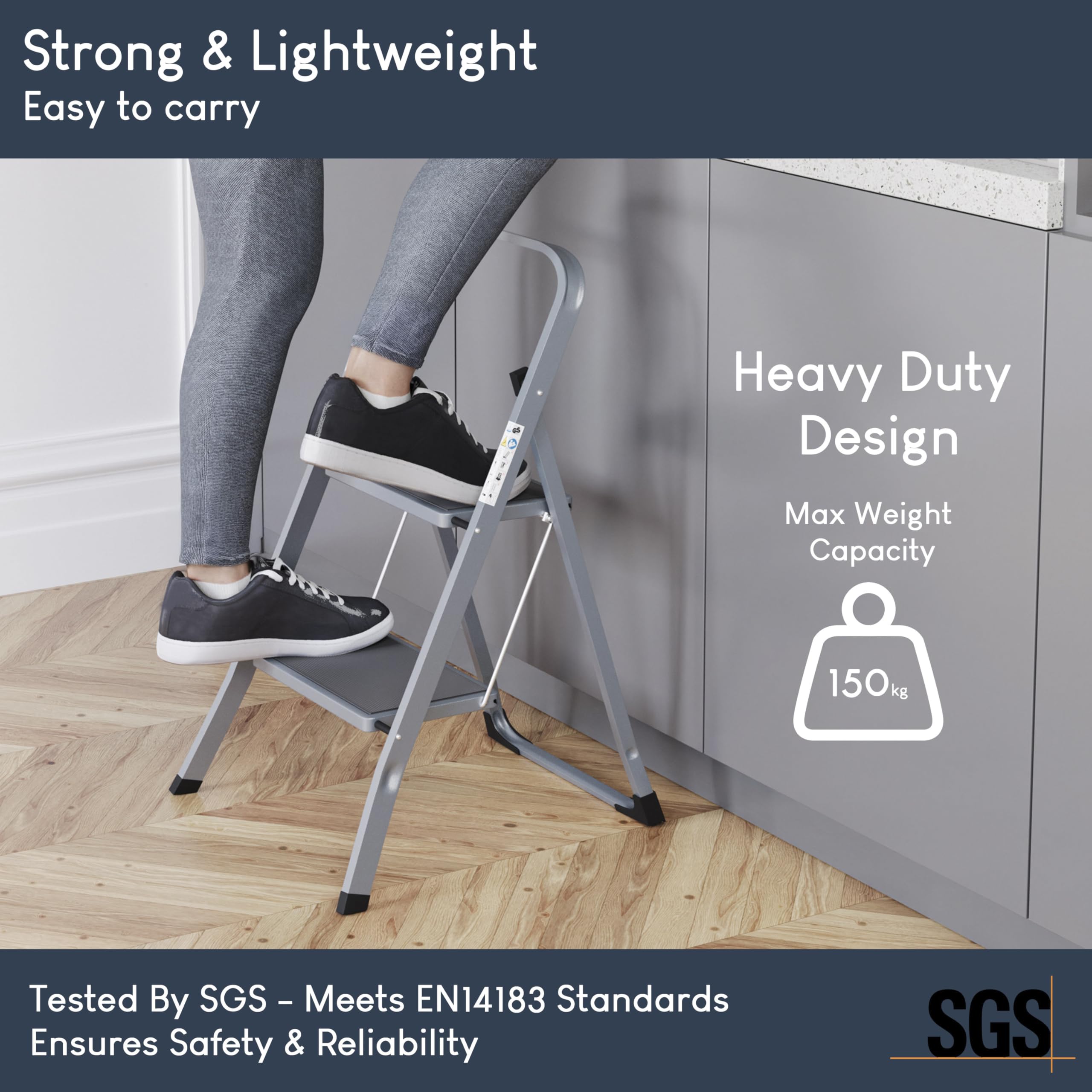 Home Vida 3 Step Ladder - Heavy Duty Steel Folding Ladder with Slip-Resistant and Wide Steps, Folding Mechanism, 150kg Max Load, Home/Kitchen/DIY/Garden Use, White