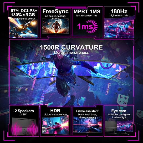 Minifire 27 Inch Gaming Monitor, 180Hz, Curved Gaming Monitor, Built in Speaker, Crosshair, 1Ms, sRGB130%, FHD 1080P Computer Screen, VESA Compatible, Eye Care Adaptive Sync HDMI＆DP Prots （MFG27C1 ）