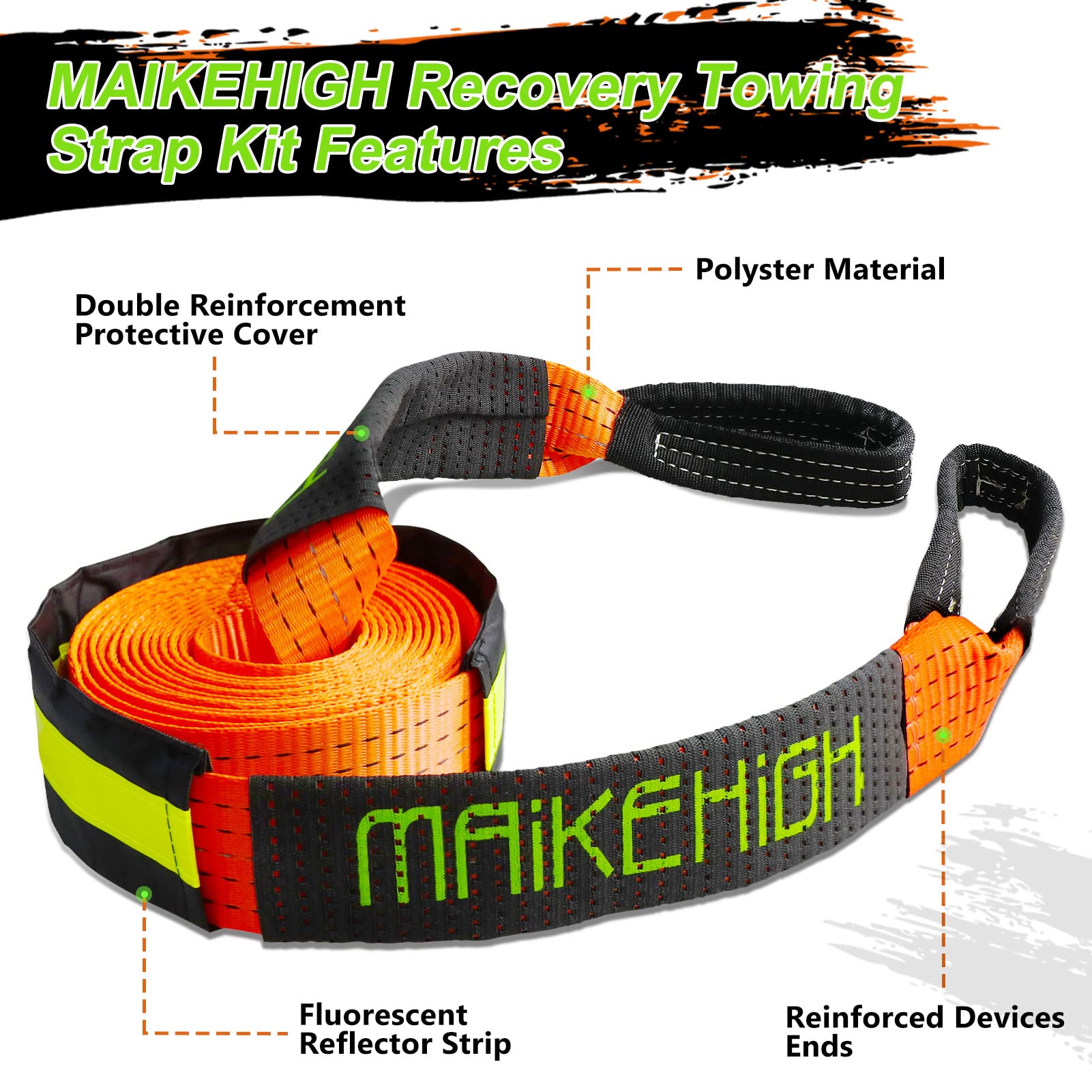 MAIKEHIGH Towing Rope 15 Ton (33,700 Lbs), 6M x 7.6cm Off-Road Recovery Tow Strap with 2 Gloves for Car, Truck, SUV, Snow (Green)