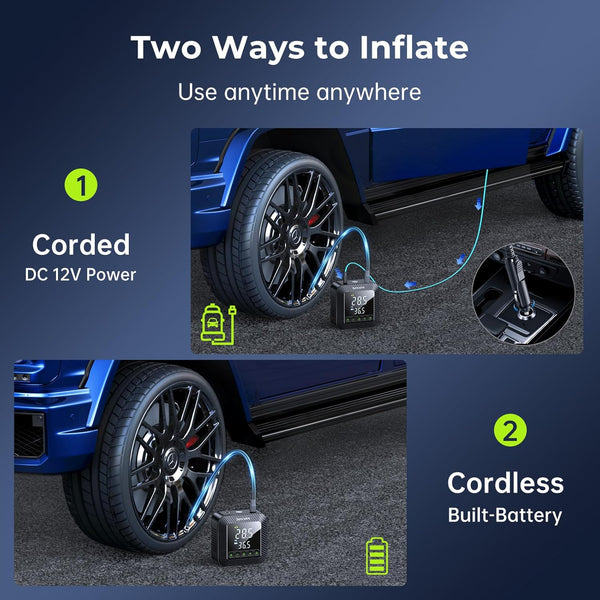 Syncwire Tyre Inflator Portable Air Compressor - 150PSI Air Pump 3X Faster Inflation Electric Tyre Pump for Car Motorcycle Bike Balls, with Car Tyre Valve Caps, Extra-Large LCD, LED Light, Auto-Off