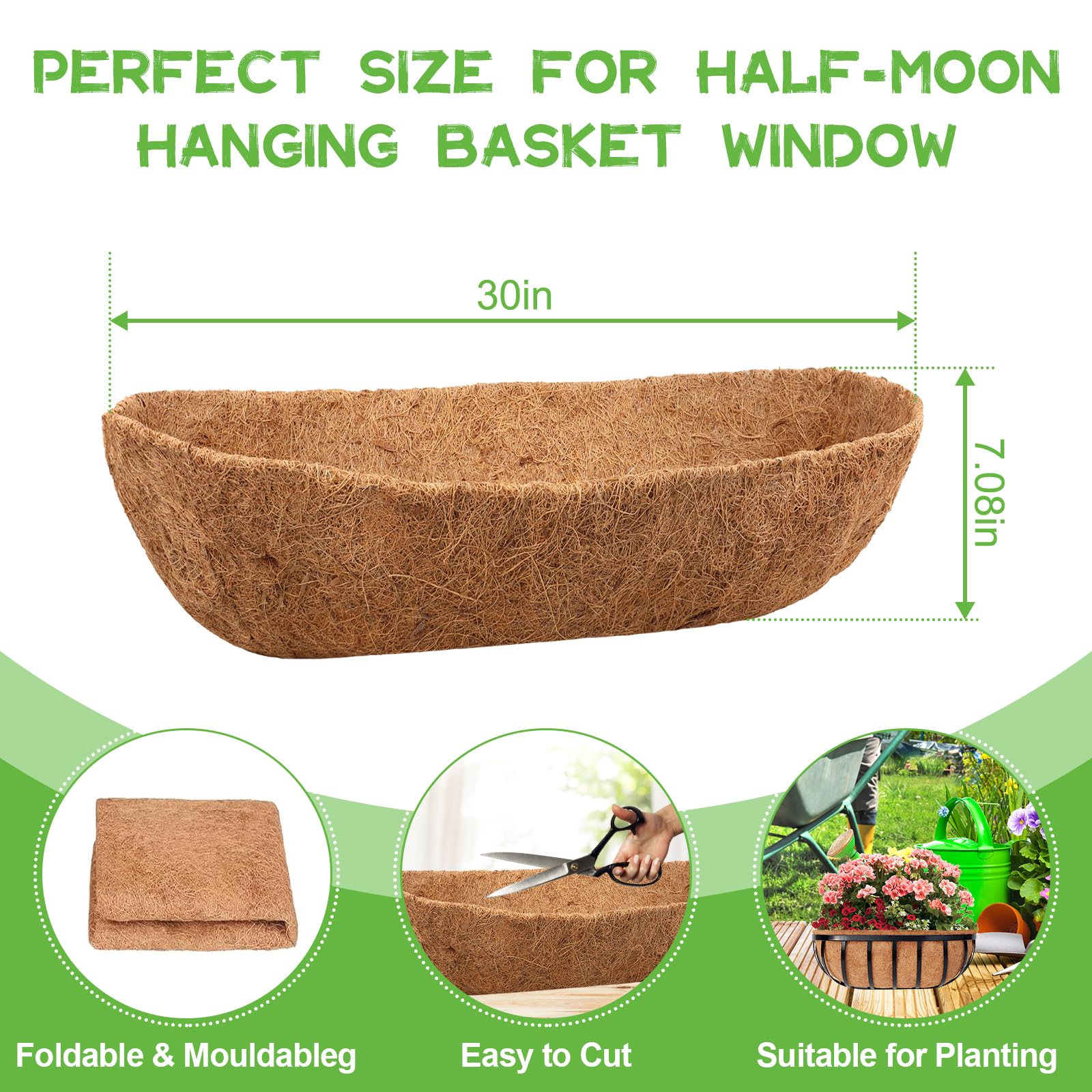 Riare 4Pcs Trough Coco Coir Liners 30Inch Coconut Coir Hanging Basket Liner for Planters Natural Coco Fiber Window Box Liners for Wall Planter, Window