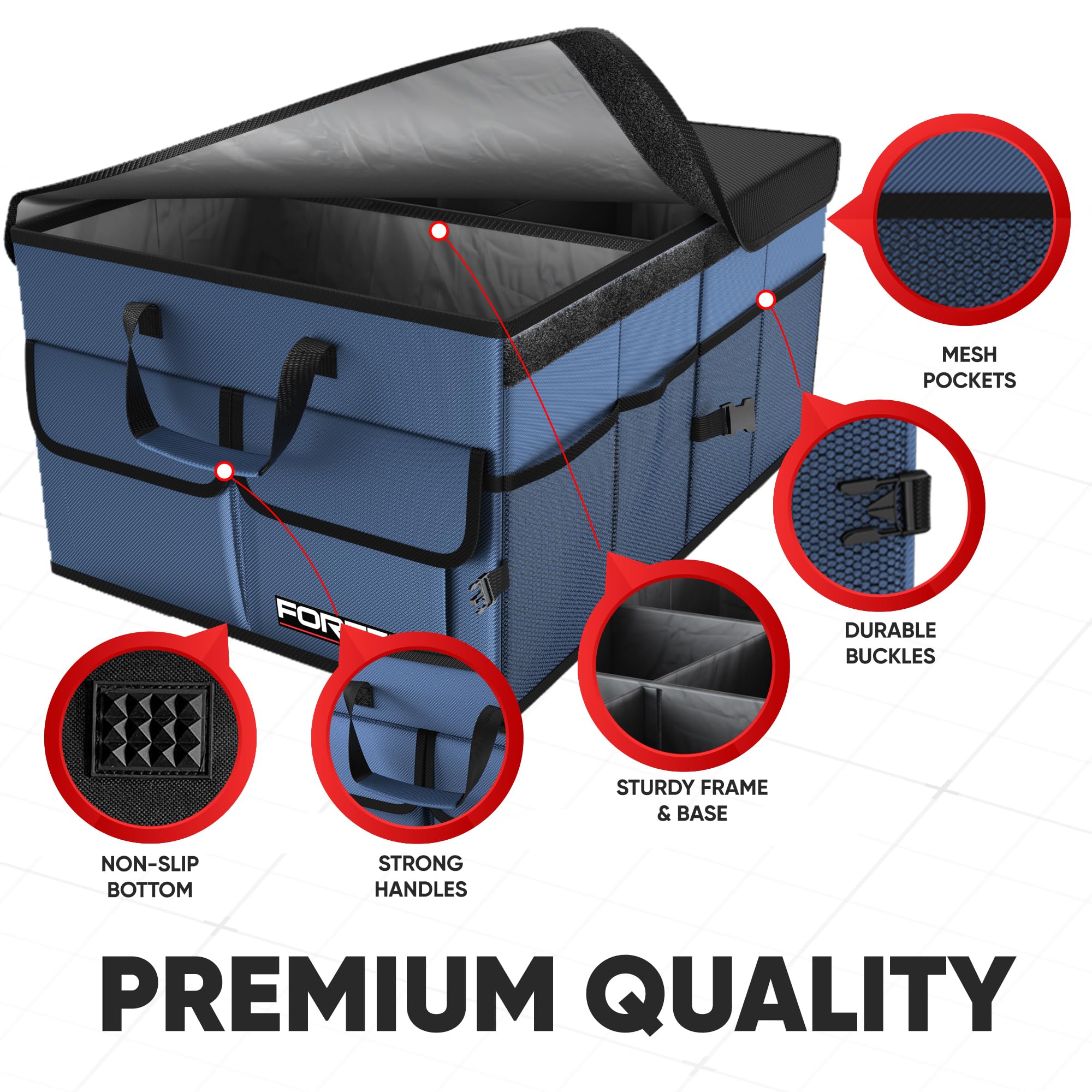 FORTEM Car Boot Organiser, Collapsible Multi Compartment SUV Organizer, Foldable Storage for Car Accessories for Women Men, 600D Oxford, Non Slip Bottom, Securing Straps, Soft Cover (50L)