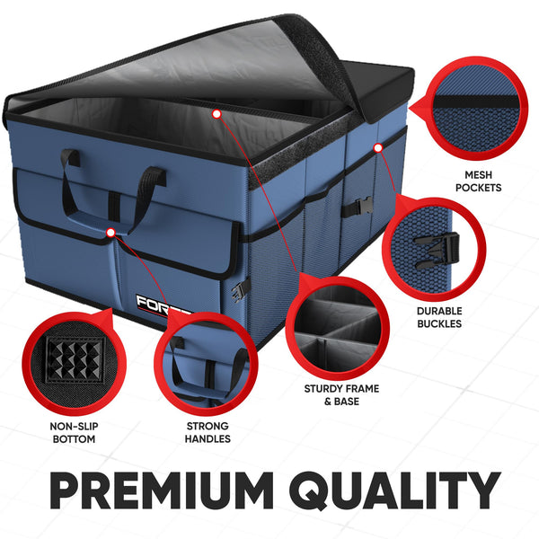 FORTEM Car Boot Organiser, Collapsible Multi Compartment SUV Organizer, Foldable Storage for Car Accessories for Women Men, 600D Oxford, Non Slip Bottom, Securing Straps, Soft Cover (50L)
