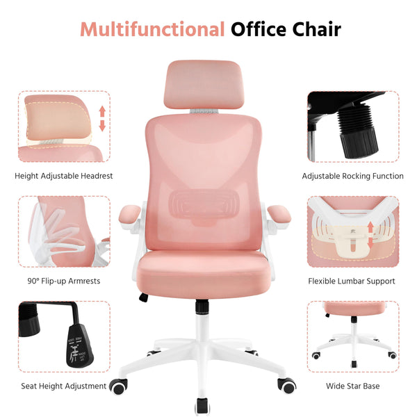 Yaheetech High Back Home Office Chair Ergonomic Swivel Desk Chair with Arms and Height Adjustable Back Support for Home Study or Manager Work White/Pink
