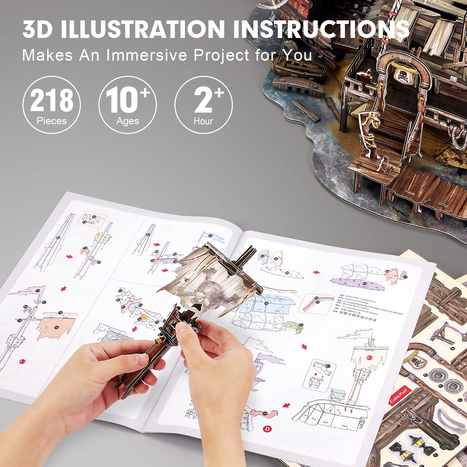 CubicFun LED Pirates of the Caribbean Flying Dutchman Model Kits for Adults to Build 3D Jigsaw Puzzles Ship Model Building Gifts for Adults Kids Girls Boys - 360 Pieces