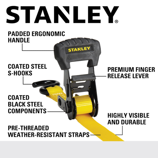 STANLEY S1007 Black/Yellow 1.5" x 16' Ratchet Tie Down Straps - 1,100 lb Safe Working Load / 3,300 lb Break Strength, 2 Pack