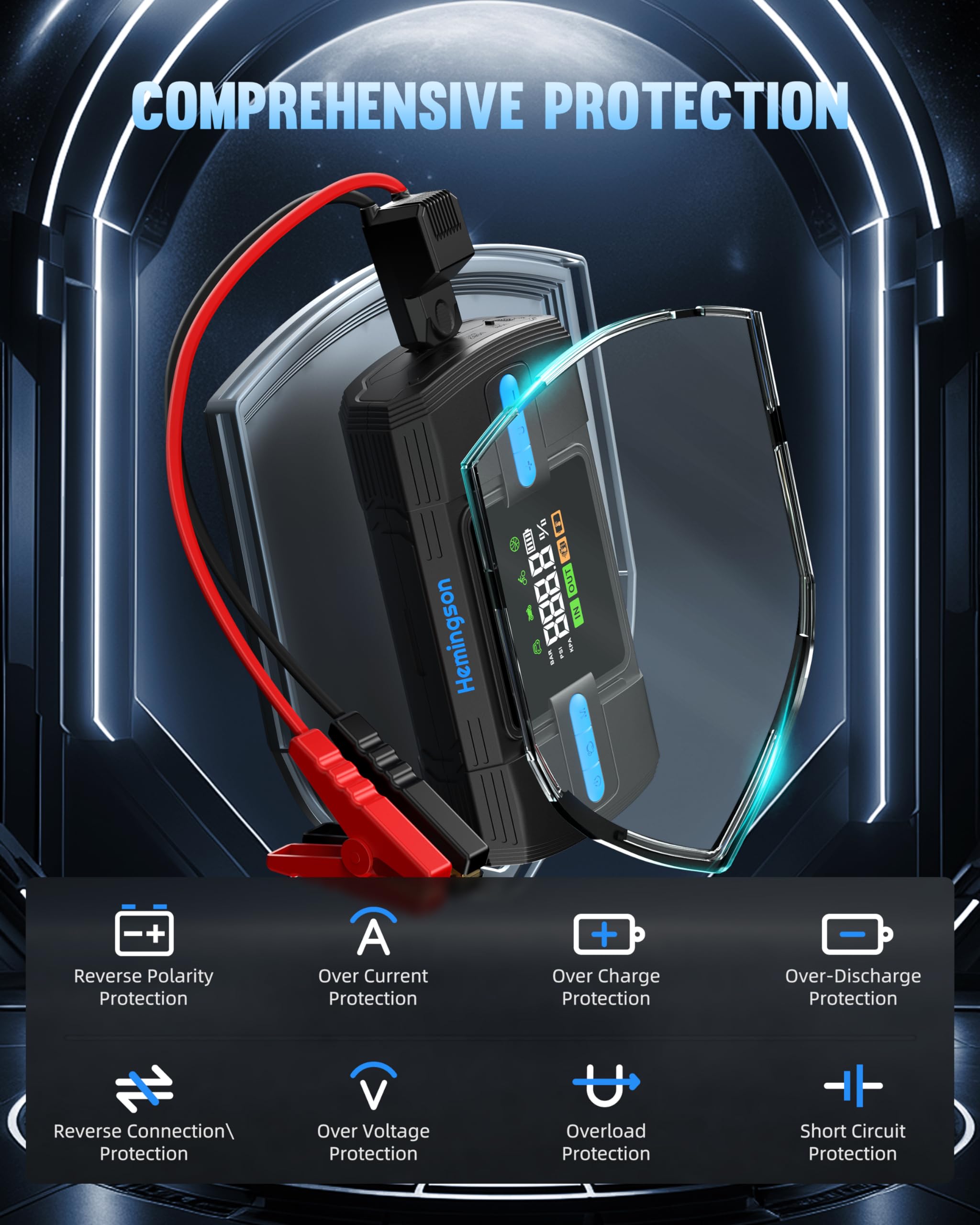 Jump Starter Power Pack with Air Compressor, 3000A Peak 160 PSI12V Car Jump Starter for up to 9.0L Gas/8.0L Diesel, Portable Battery Jump Starter Large LCD Display with LED Lights