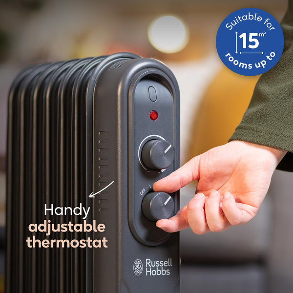 Russell Hobbs 1500W/1.5KW Oil Filled Radiator, 7 Fin Portable Electric Heater - Anthracite, Adjustable Thermostat, 3 Heat Settings, Overheat Protection, 15m sq Room Size, 2 Year Guarantee RHOFR7004A