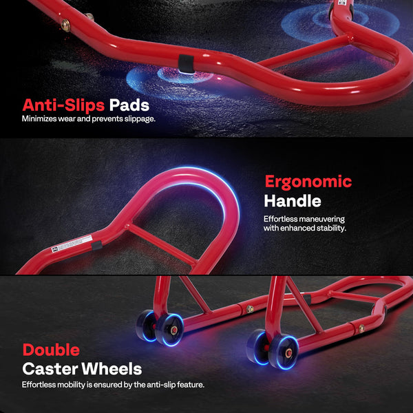 SPECSTAR Motorcycle Paddock Stand Combo 400kg Capacity Front and Rear Wheel Lift with U & L Fork Adjustable Swingarm Spool Stands for Motorbike Garage Repair Use Scissor Stand with 4 Wheels