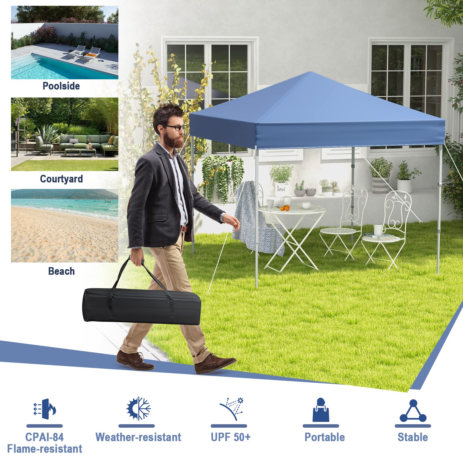 COSTWAY 2m x 2m Pop up Gazebo, 3-Position Height Adjustable Commercial Instant Canopy Tent with Carry Bag, Garden Patio Sun Shelter for Camping BBQ Party (Blue, 198 x 198 x 190-244 cm)