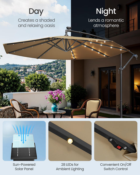 SONGMICS Cantilever Garden Parasol with Solar-Powered LED Lights, 3 m Banana Patio Umbrella with Base, Crank for Opening Closing, Sunshade with Protection UPF 50+, Beige GPU118M01
