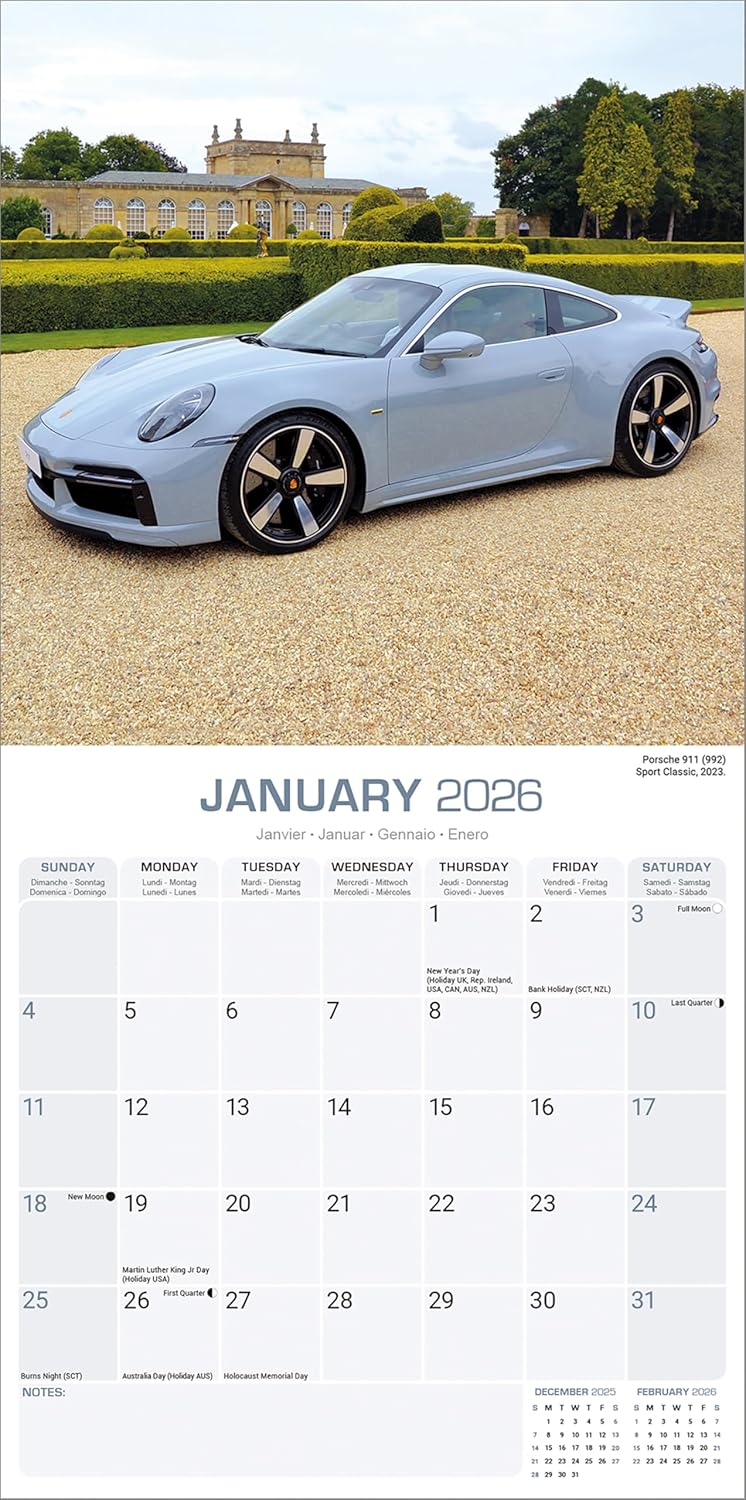 Porsche 2026 Calendar | Square Wall Calendar | Car Enthusiast Gift | Plastic Free Packaging | by Avonside Publishing