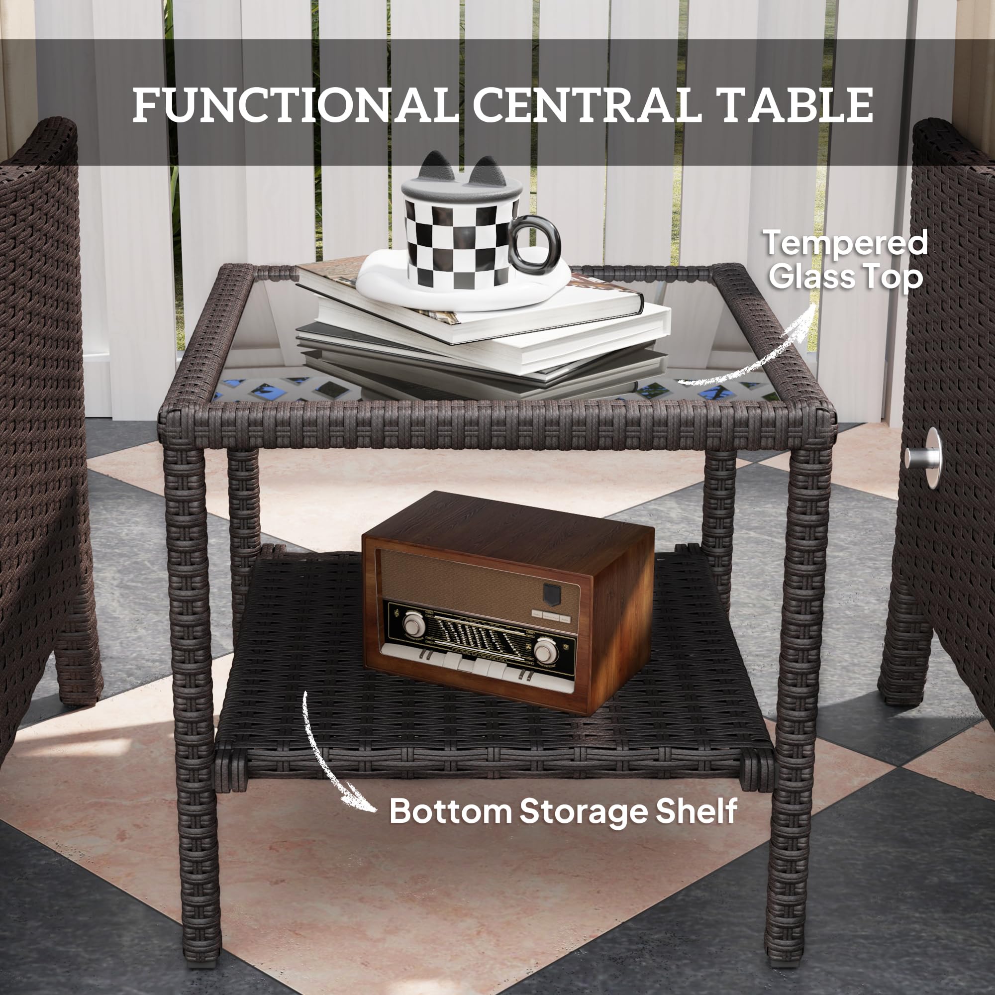 Outsunny 5 Piece Rattan Garden Furniture Set, Wicker Patio Sofa Set with 2 Armchairs, 2 Footstools, Glass Top Coffee Table with Shelf, Outdoor Furniture with Adjustable Backrests, Cushions, Dark Grey