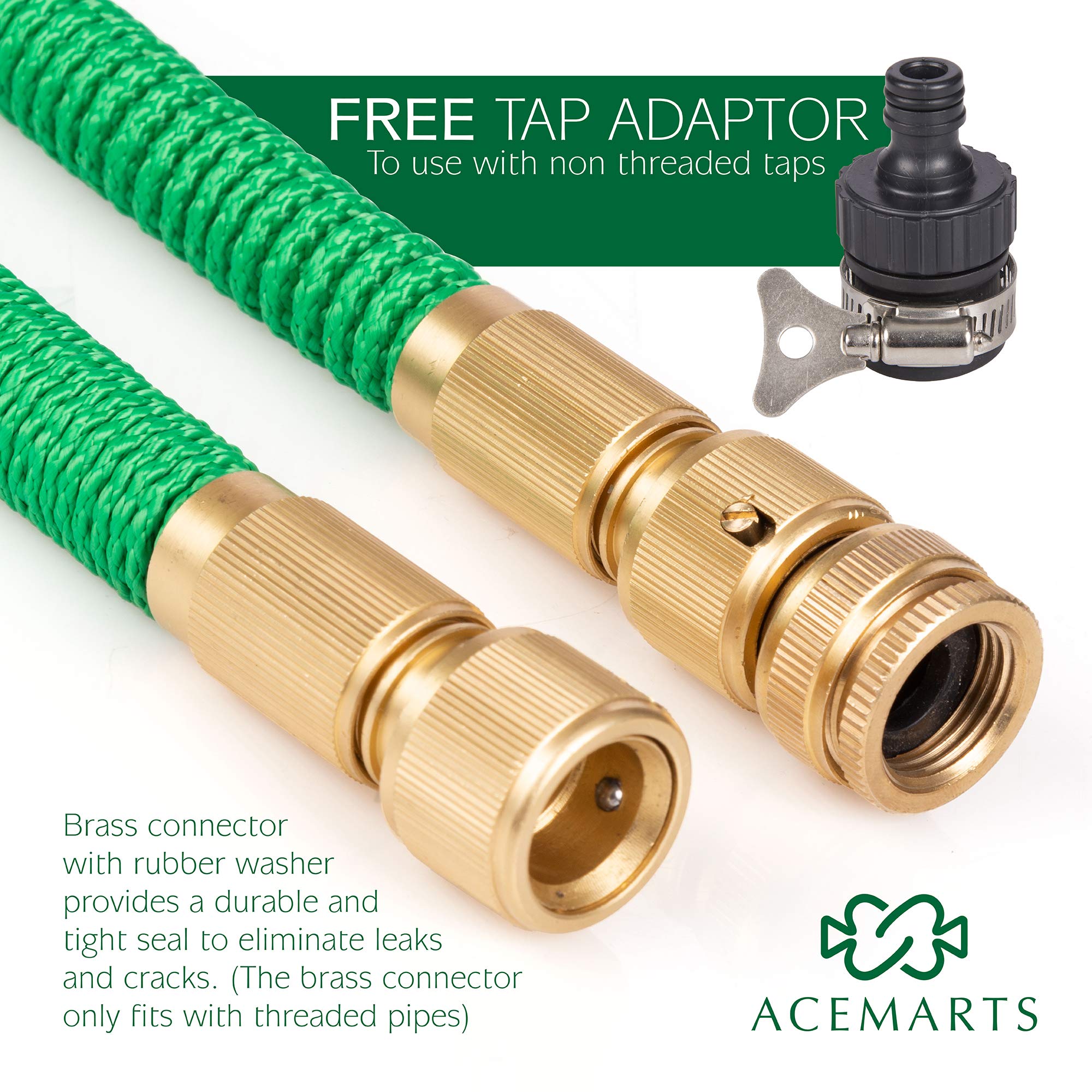 ACEMARTS Expandable Garden Hose Pipe Green 100 FT/30 M Light Weight with Tougher Latex Quality Fabric Solid Brass Connectors and 8 Pattern Nozzle for