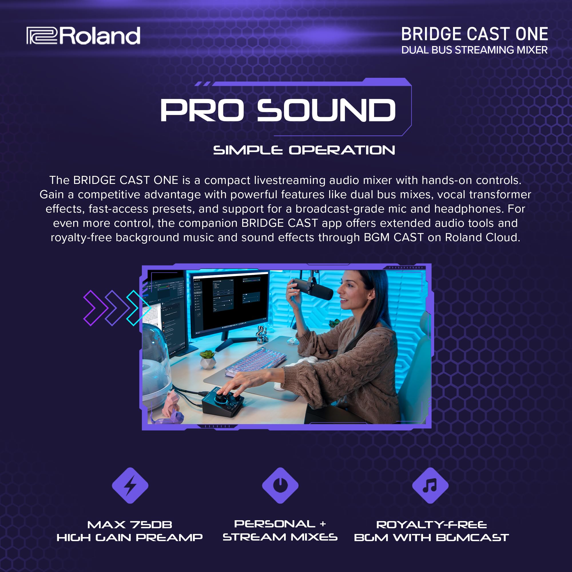Roland BRIDGE CAST ONE Dual Bus Streaming Mixer Compact Audio Streaming Mixer For Online Gamers & Content Creators 32-Bit Hardware DSP USB-C Windows and Mac Connectivity XLR Mic Support