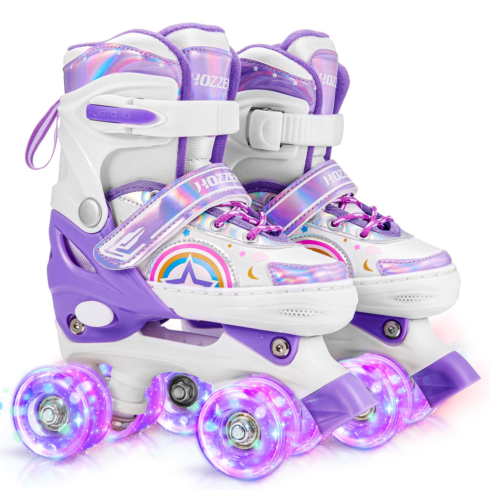 Hozzen Girls Roller Skates for Kids - 4 Size Adjustable Light Up Quad Skates for Girls - Rainbow Purple Shiny Illuminating Children Roller Skates for