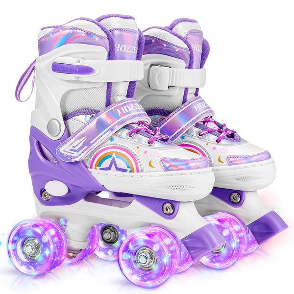 Hozzen Girls Roller Skates for Kids - 4 Size Adjustable Light Up Quad Skates for Girls - Rainbow Purple Shiny Illuminating Children Roller Skates for