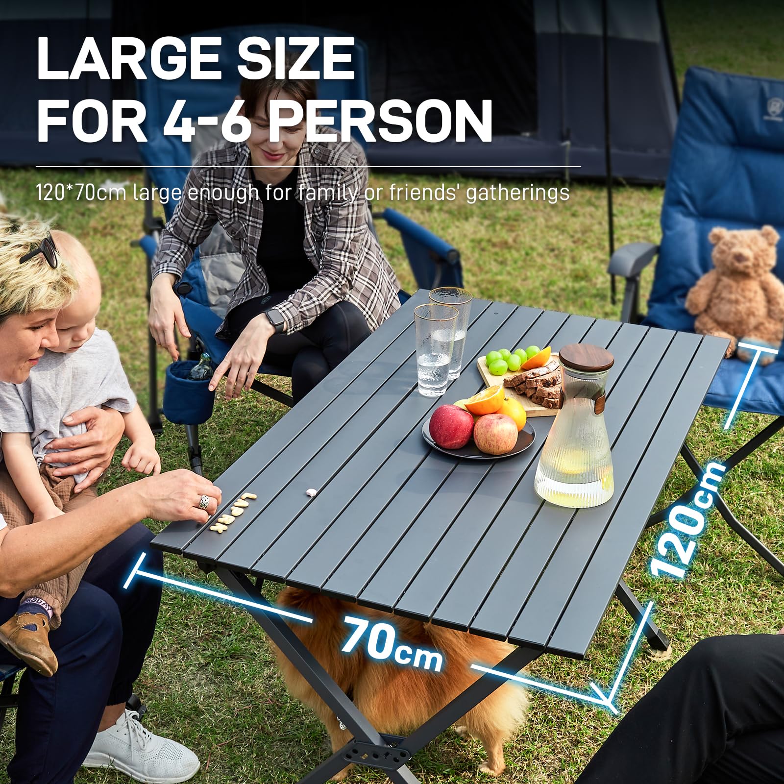 EVER ADVANCED 120X70CM Folding Camping Table with Slatted Top, Aluminium Roll Up Table Height Adjustable, Fold Up Table for 4-6 People, Folding Table