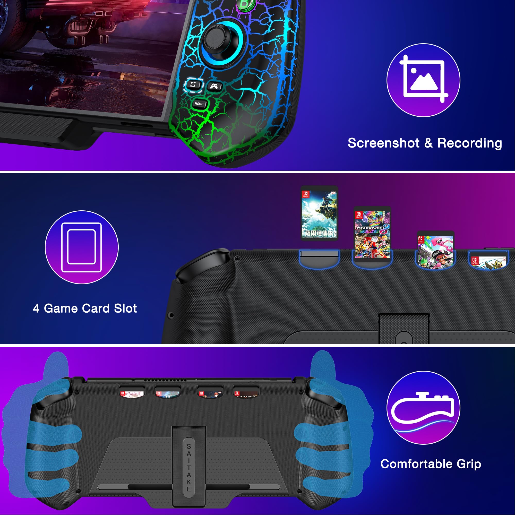HELLCOOL Switch Pro Controller for Switch/OLED,Switch Controller for Handheld Grip with Hall Effect Joystick,One-Piece Switch Joycon with Turbo/Programmable/6-Axis/Vibration/RGB/4 Card Slot(Black)