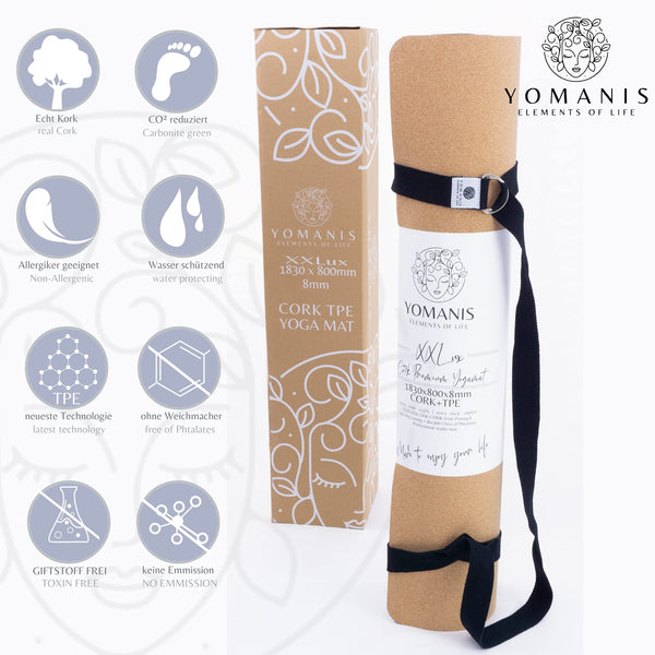 YOMANIS XXLux Cork Yoga Mat Extra 80 cm Wide + 8 mm Thick Non-Slip Good Grip Cork Workout Premium Mat + Cotton Yoga Strap Can also be Used as a Carry